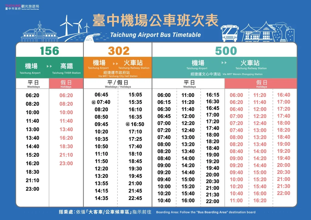台中空港から台中駅、台中市街地へのバス時刻表
